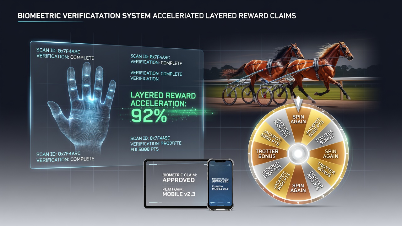 Mobile app interface displaying biometric login for hybrid trotter racing and wheel spin reward claims