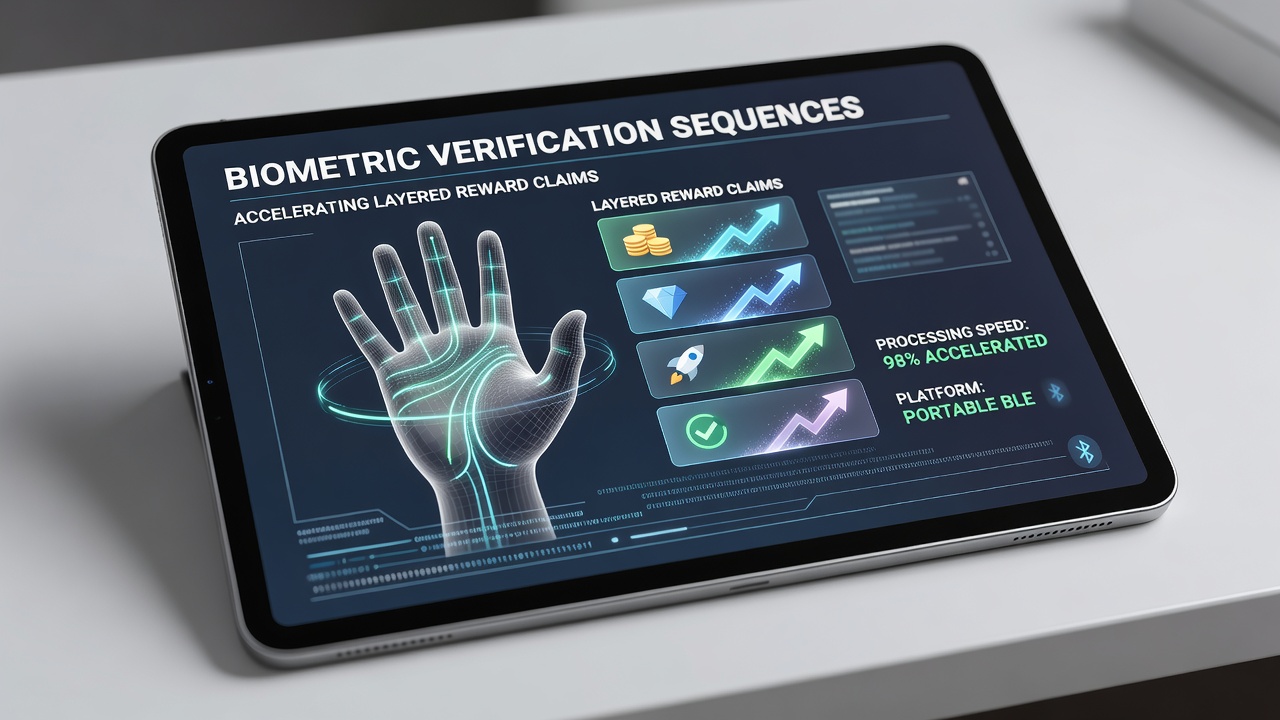 Close-up of smartphone screen showing biometric scan confirmation during reward claim process in hybrid racing and spin app