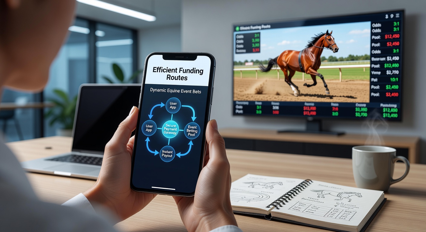 Smartphone screen displaying equine event betting app with funding options and live race odds