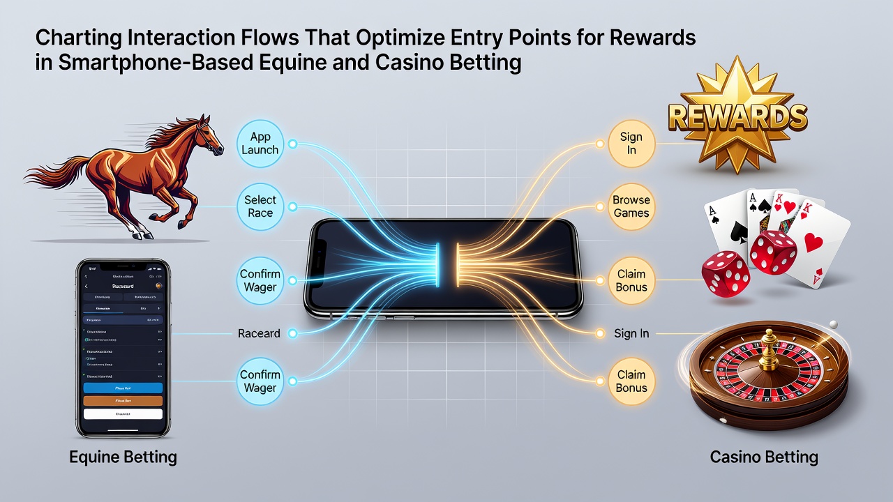 Diagram showing user journey mapping in mobile equine and casino betting apps with highlighted reward entry points