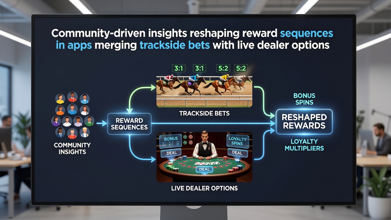 Mobile app interface displaying integrated horse racing trackside bets and live dealer table games with community reward prompts