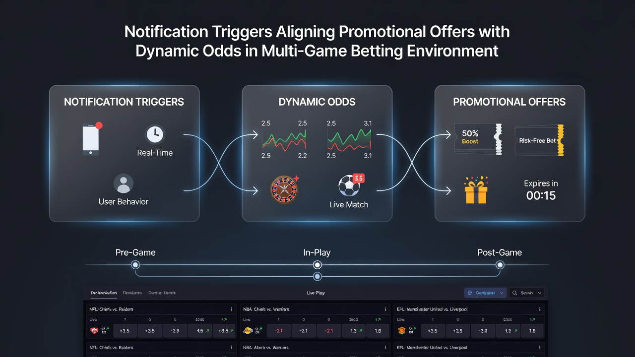 Dashboard view of notification trigger logic linking promotional offers to changing odds across sports, racing, and casino games
