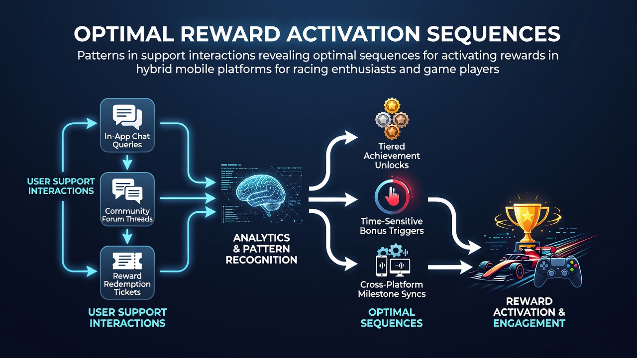 Support interaction analysis dashboard showing reward activation sequences in hybrid racing and casino apps