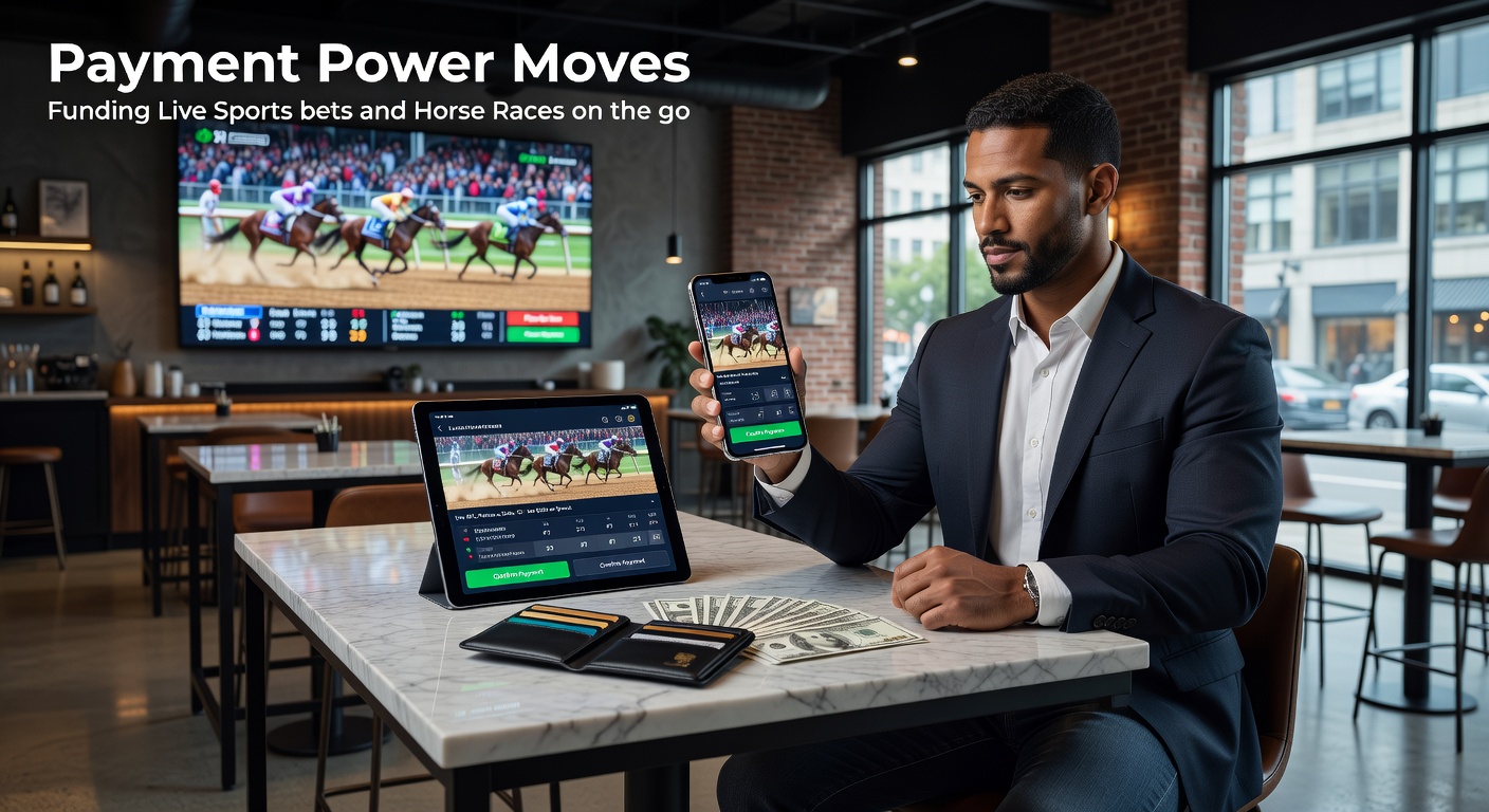 Mobile phone screen showing live sports betting app with deposit options like Apple Pay and PayPal highlighted during a horse race wager