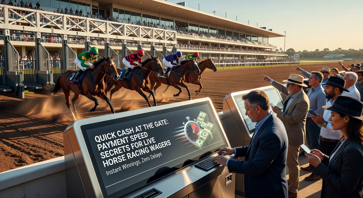 Close-up of a bettor's smartphone screen showing a live horse race wager confirmation and instant payout notification at a bustling racetrack