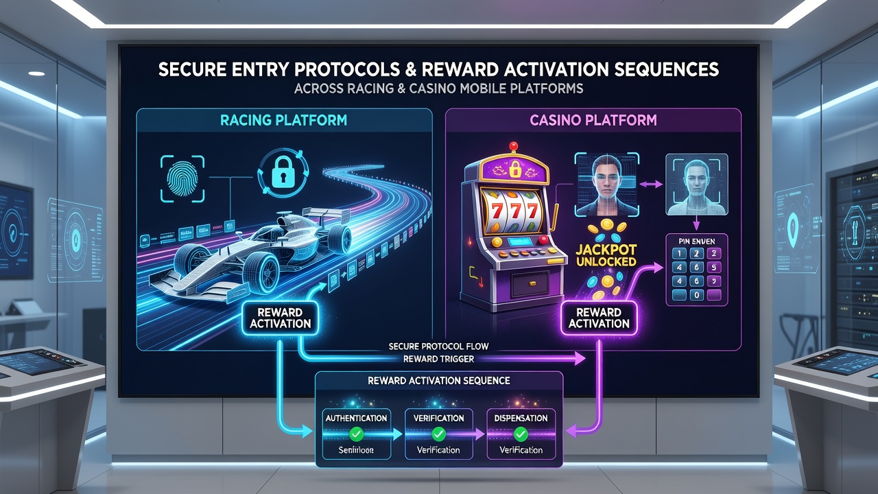 Diagram illustrating reward sequence flows triggered by secure entry in mobile racing and casino apps
